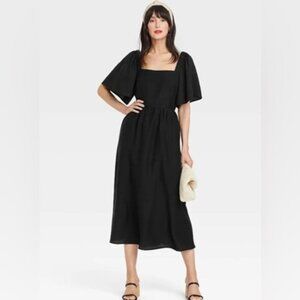 A New Day Midi Dress Black Flutter Sleeves Tie Back Milkmaid Cottagecore